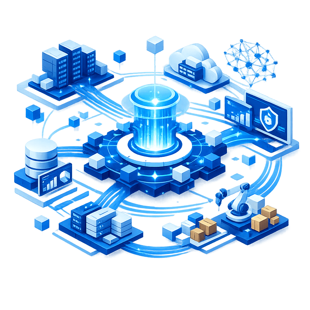 Enterprise AI ecosystem connecting cloud, databases, infrastructure, security, automation, and operational systems