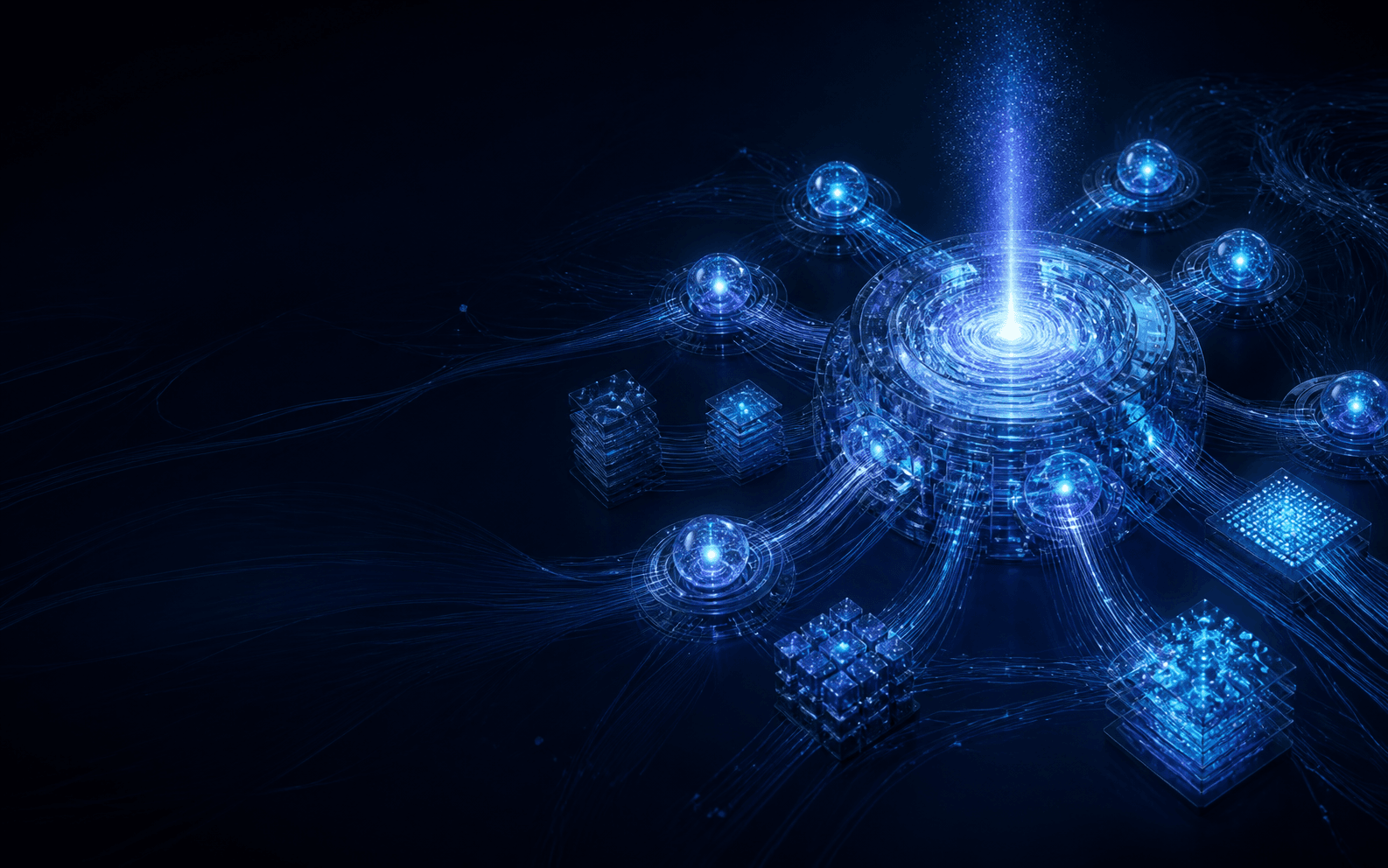 Isometric illustration of a dashboard panel connected to three AI modules